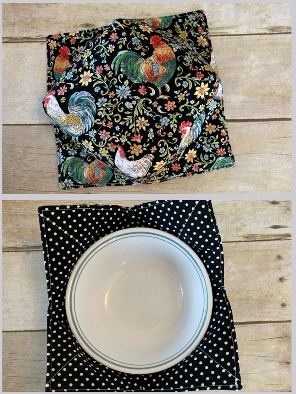 Microwave /Ice Cream Bowl Cozy Reversible Chickens & Flowers on Black&WhiteDots